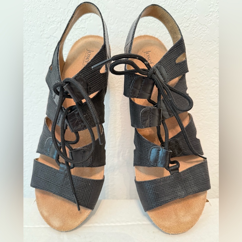 Josef Seibel Black Leather Casual Lace Heel Sandals Women’s 40EU/9.5M US